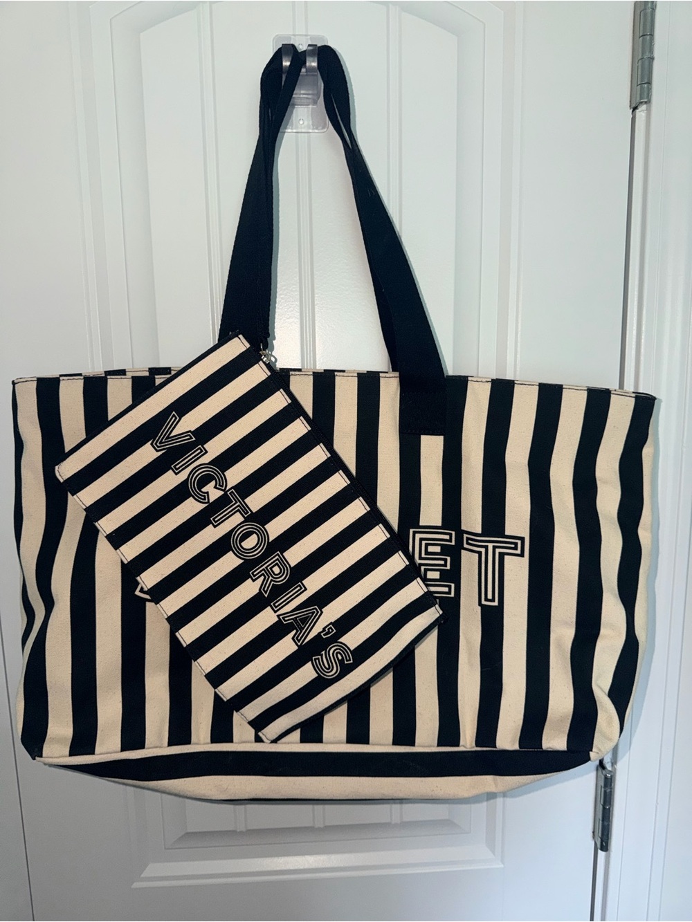 Victoria’s Secret Black Cream Striped Tote Bag + Matching Pouch NWT